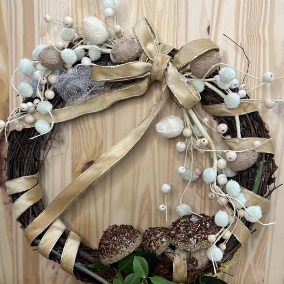 Spring Burlap Eggs Glitter Mushroom Earth Tones Wreath Home Decoration - Picture 4 of 10